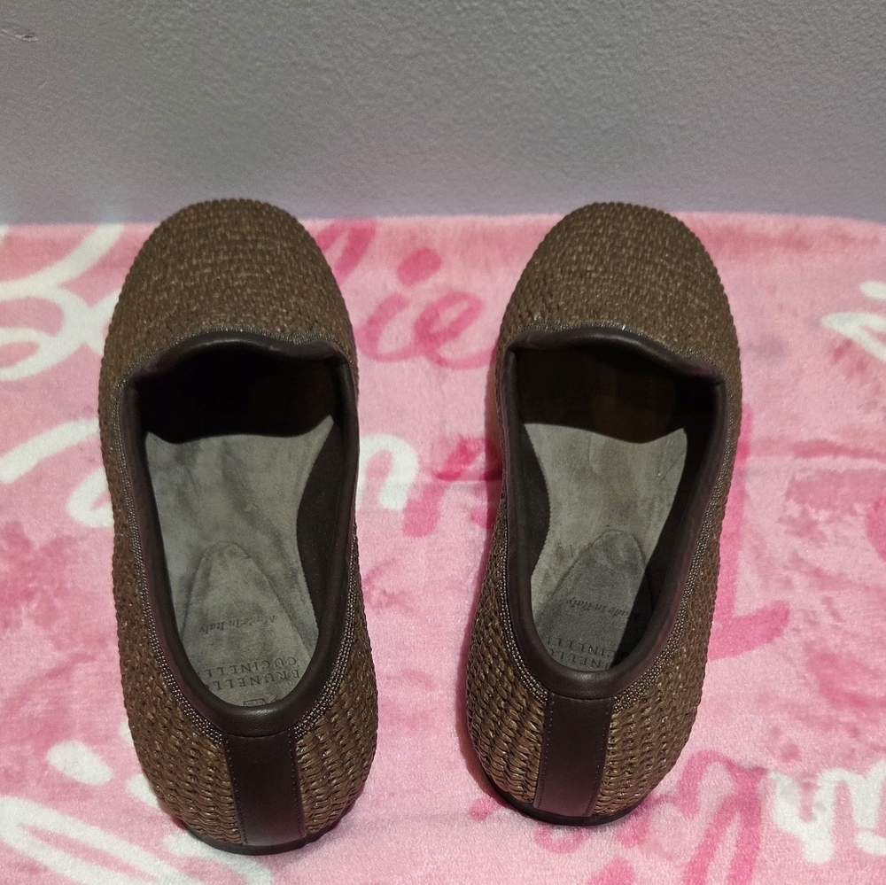 Women's Brunello Cucinelli Brown Leather Trimmed Raffia Slippers, Size 37 - Picture 5 of 10